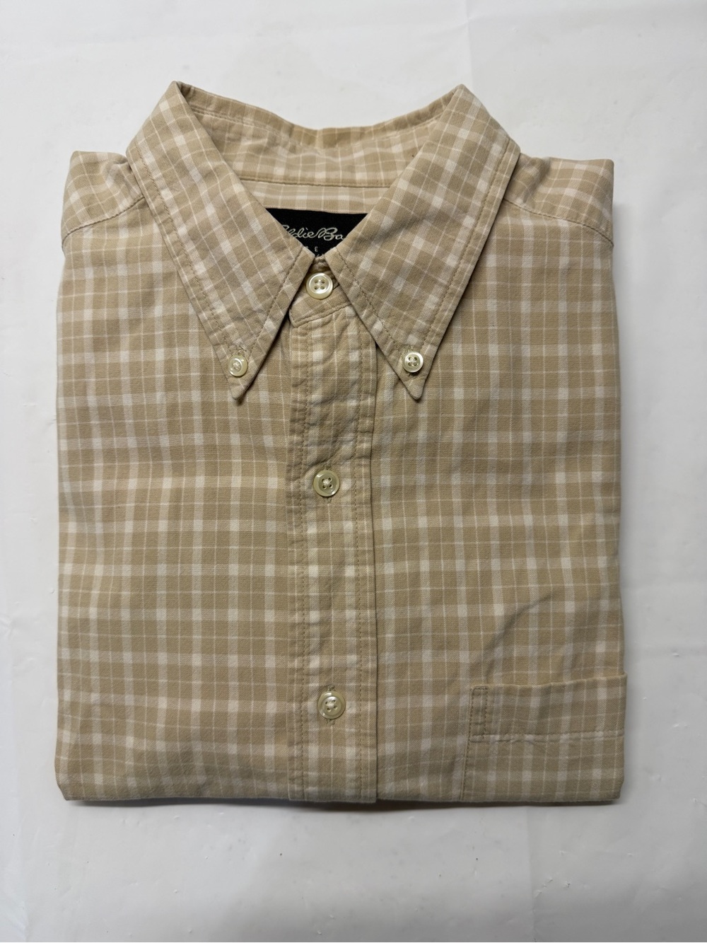 Eddie Bauer Tan and White Plaid Button-Down Shirt
